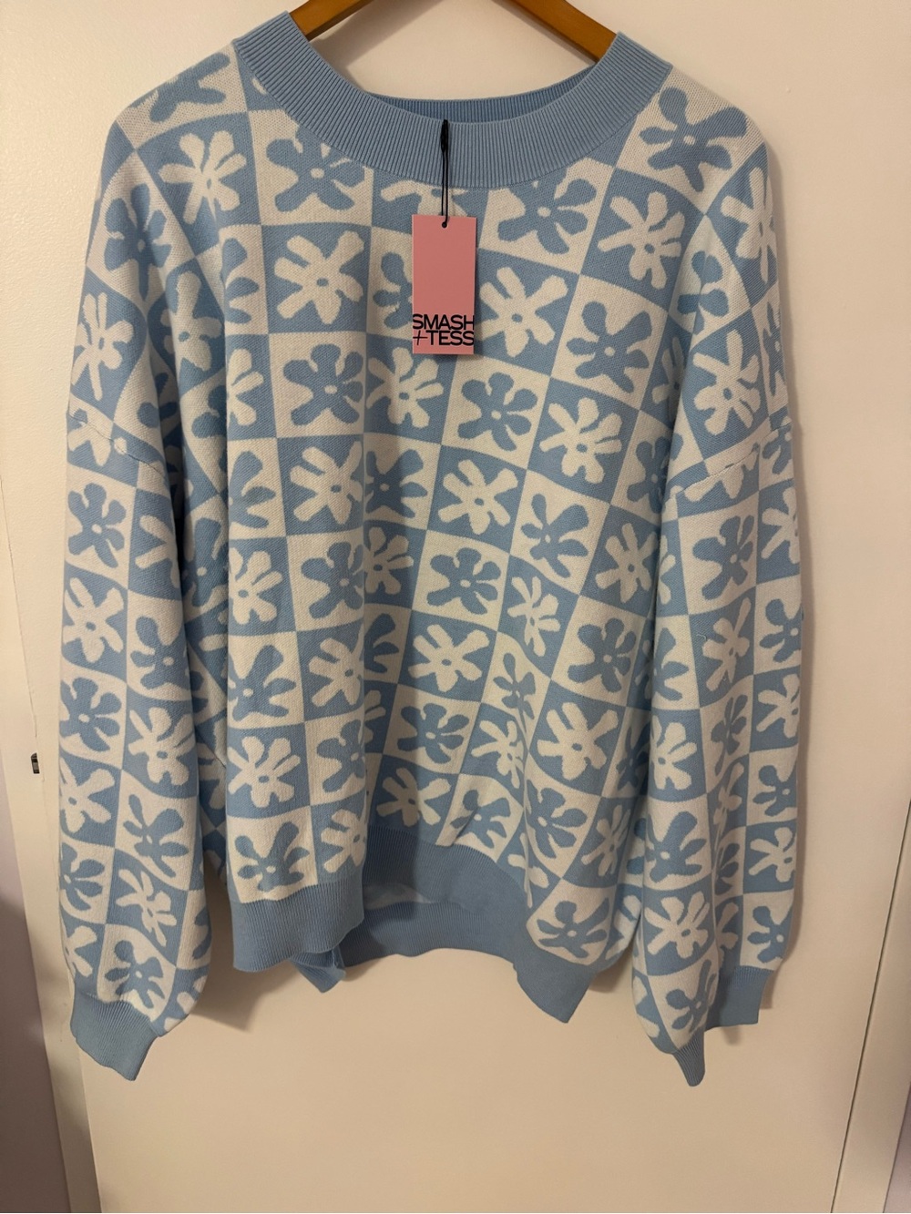 Smash + Tess Light Blue and White Floral Checker Crewneck Sweater